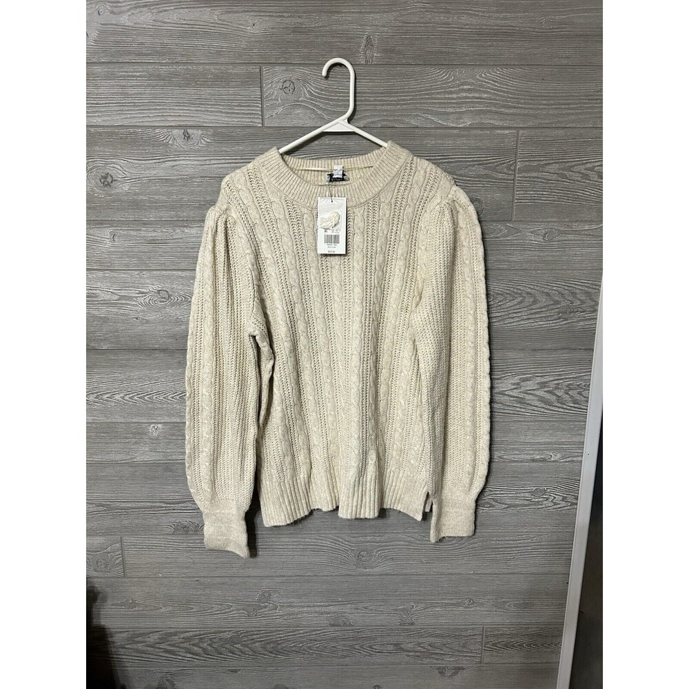 Ladies Crown & Ivy Oatmeal Heather Mock Neck, Ls, Cable Sweater, XL NWT‎